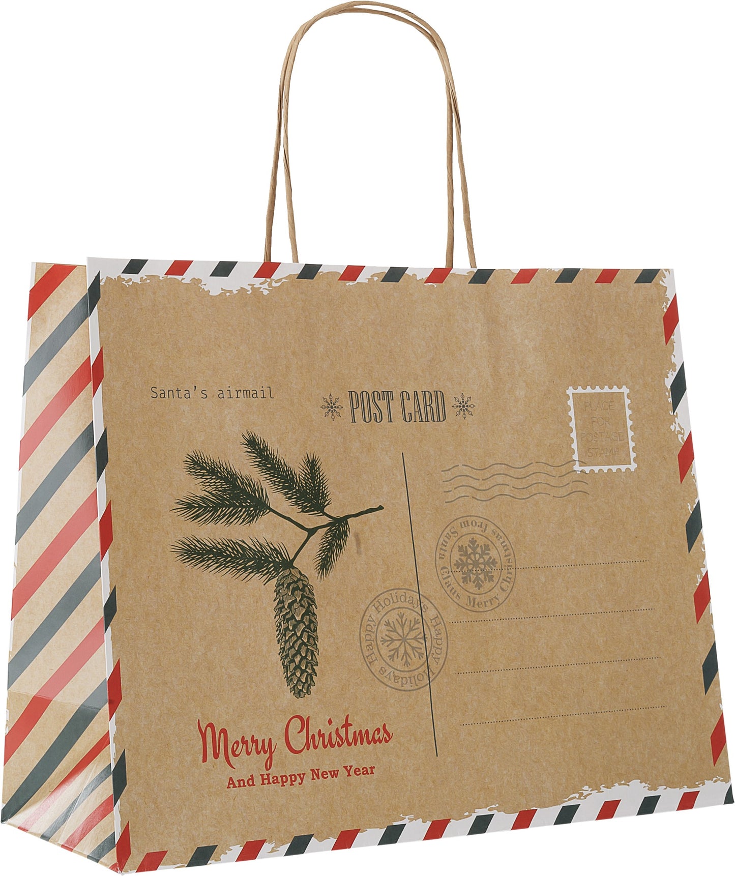 Papiertragetasche für Weihnachtsgeschenke mit Postkarten-Motiv und Grußkarte mit gedrehten Papierkorden FSC®-zertifizierte Weihnachts-Papiertüten Farbe Braun, Natur Größenformat der Papiertüte 31 x 25 x 12 cm
