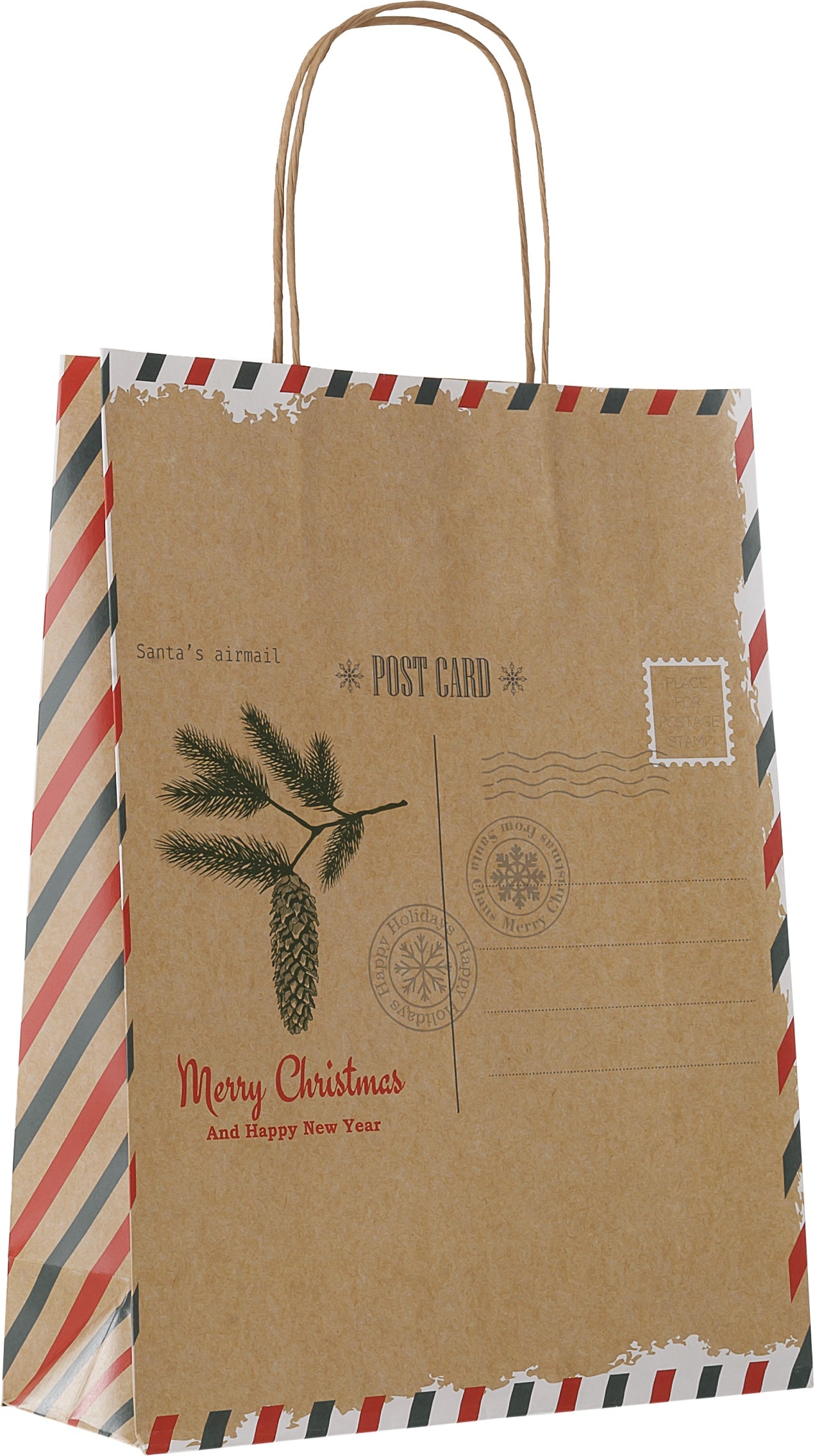 Papiertragetasche für Weihnachtsgeschenke mit Postkarten-Motiv und Grußkarte mit gedrehten Papierkorden FSC®-zertifizierte Weihnachts-Papiertüten Farbe Braun, Natur Größenformat der Papiertüte 24 x 32 x 9 cm
