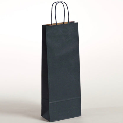 Stabile Flaschentragetasche zum Transport von einer Glasflasche mit gedrehten Papierkordeln und gerippetn Papier im Größenformat 15x8x39,5cm in der Farbe Dunkelblau, erhältlich über Steinebach.eu