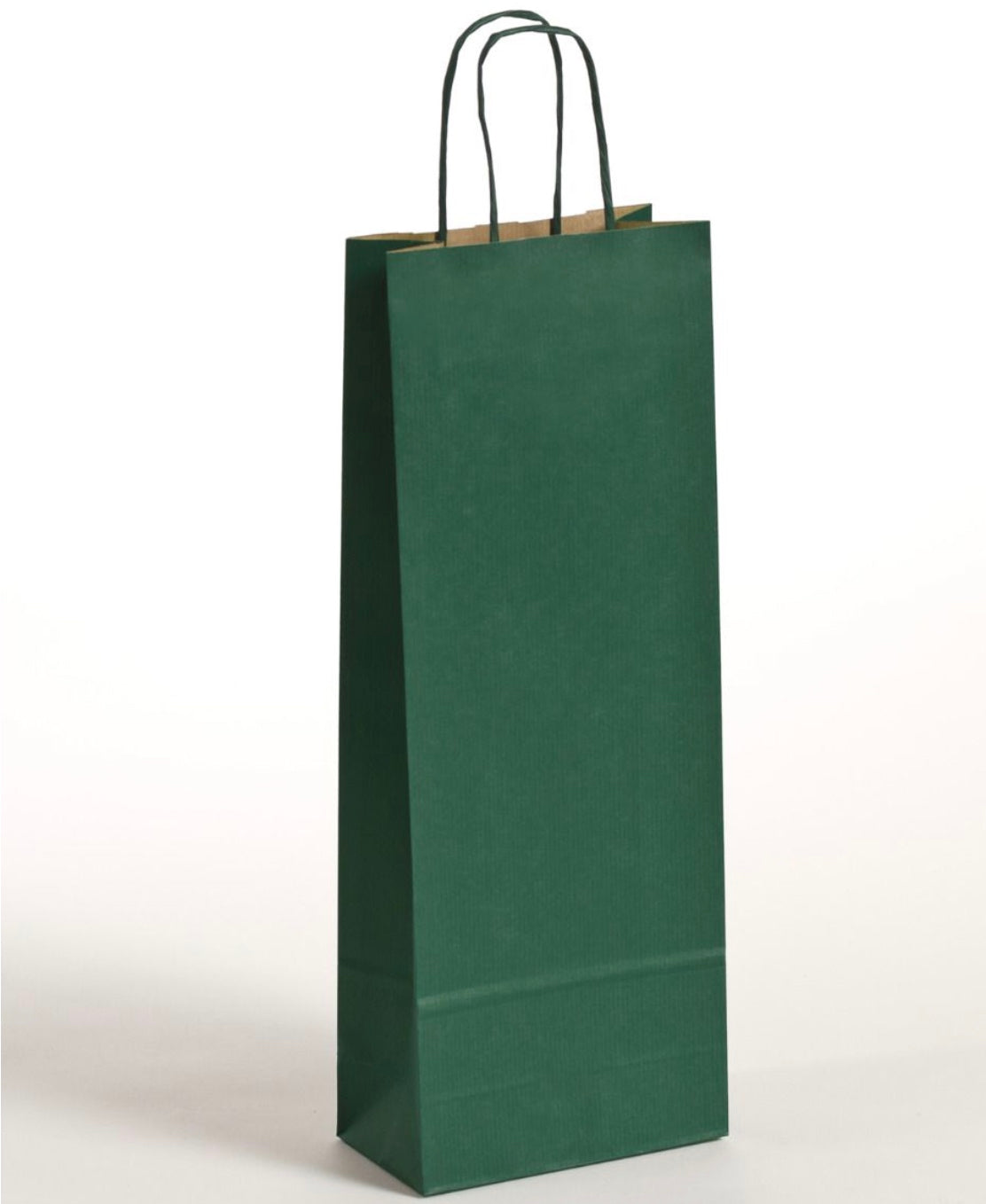 Stabile Flaschentragetasche zum Transport von einer Glasflasche mit gedrehten Papierkordeln und gerippetn Papier im Größenformat 15x8x39,5cm in der Farbe Grün, erhältlich über Steinebach.eu
