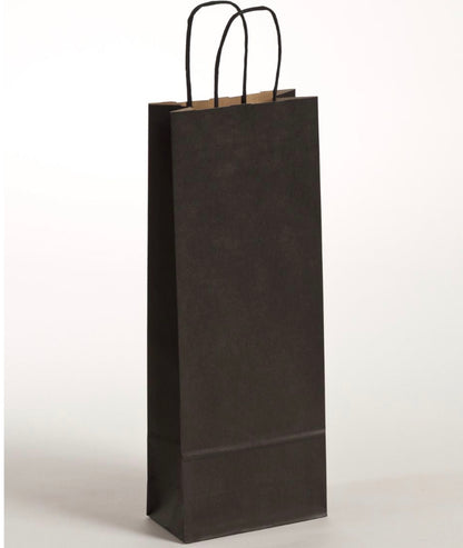Stabile Flaschentragetasche zum Transport von einer Glasflasche mit gedrehten Papierkordeln und gerippetn Papier im Größenformat 15x8x39,5cm in der Farbe Schwarz, erhältlich über Steinebach.eu