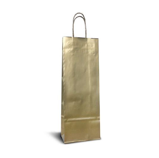 Flaschentragetaschen aus Kraftpapier mit glänzendem Gold-Look und eingedrehten Papierkordeln, 250 Stück