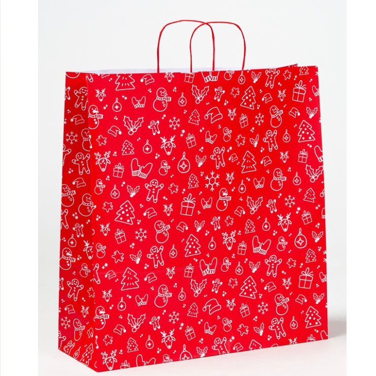 Weihnachtliche Papierkordeltaschen bedruckt mit X-Mas-Motiv in Rot