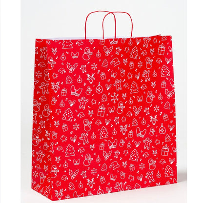 Weihnachtliche Papierkordeltaschen bedruckt mit X-Mas-Motiv in Rot