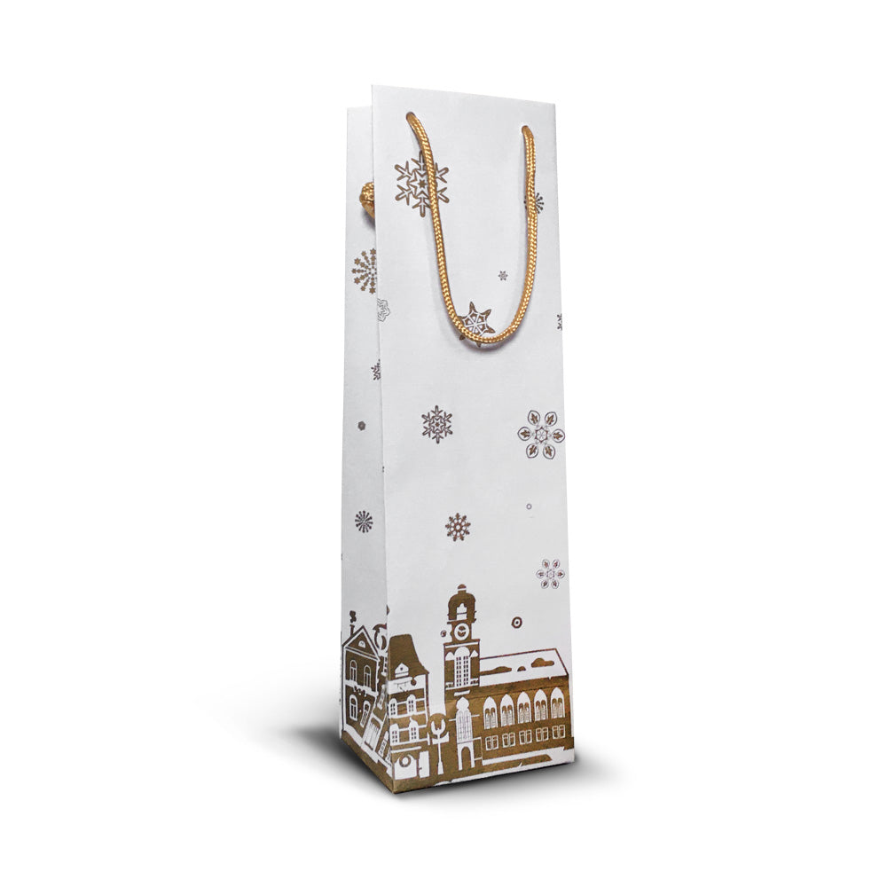 Stabile Flaschentragetaschen  Geschenktaschen für Weihnachtsgeschenke und Advent aus Kraftpapier mit Reliefdruck und goldenen Baumwollkordeln aus Kraftpapier 