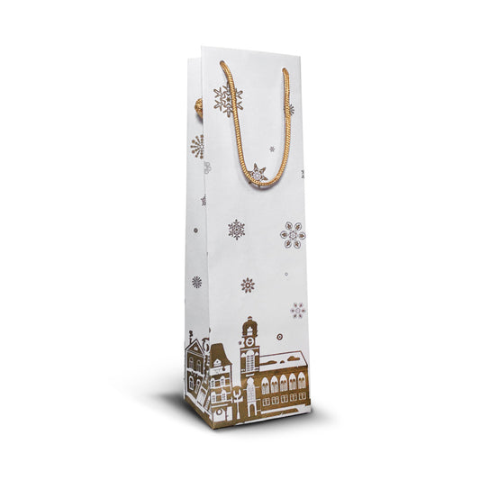 Stabile Flaschentragetaschen  Geschenktaschen für Weihnachtsgeschenke und Advent aus Kraftpapier mit Reliefdruck und goldenen Baumwollkordeln aus Kraftpapier 