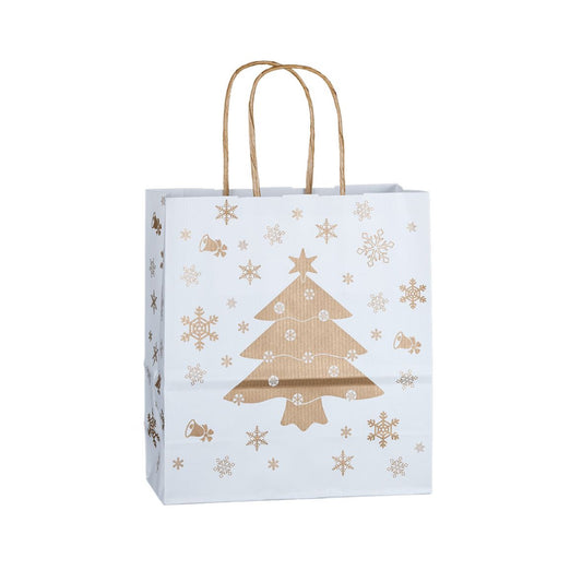 Geschenktasche aus Papier für Weihnachtsgeschenke mit goldenem Druck auf Weiß mit Christbaummoti im Größenformat 18 x 8 x 20 cm