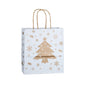 Geschenktasche aus Papier für Weihnachtsgeschenke mit goldenem Druck auf Weiß mit Christbaummoti im Größenformat 18 x 8 x 20 cm