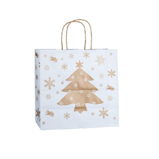 Geschenktasche-Weihnachtsgeschenke-weißes-Sulfatpapier-mit-goldenem-Druck-Christbaum-Motiv-mit-Schneeflocken-Größenformat-25x11x24cm-VE-250-Papiertüten