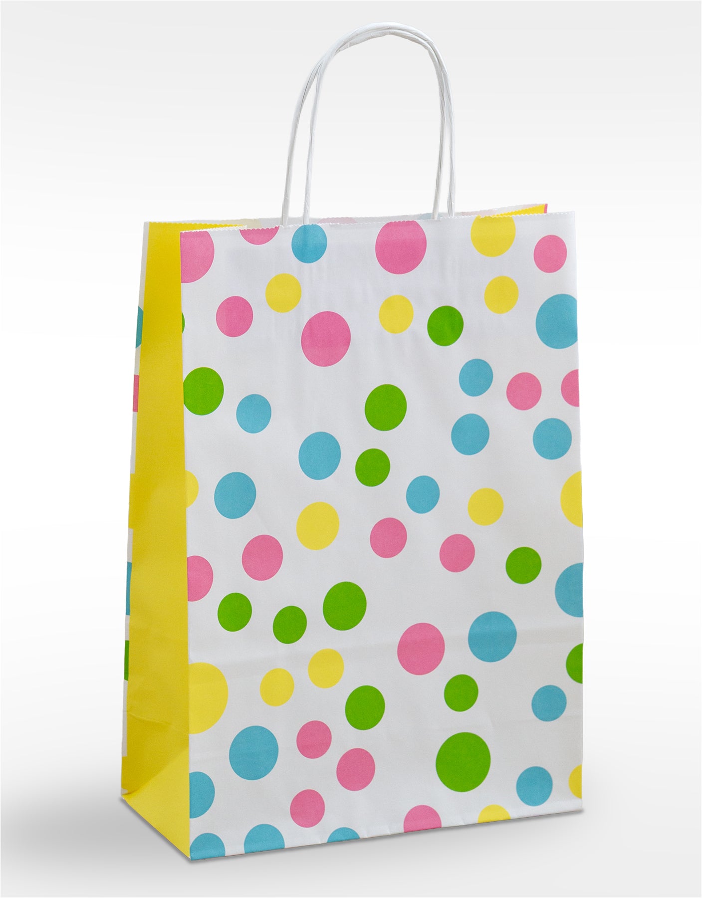 Fröhliche Geschenktasche mit All-Over-Print, bunte Punkte, Papierkordeln, Größenformat der Papiertragetaschen  22x10x31cm