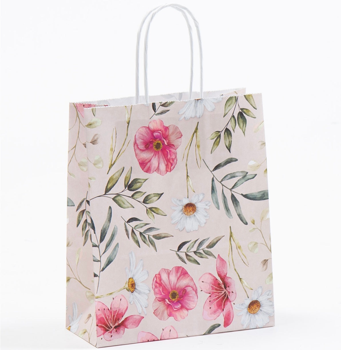 Mit Blumemotiv bedruckte Papierkordeltasche mit weißen Papierkordeln ideal als Geschenkverpackung