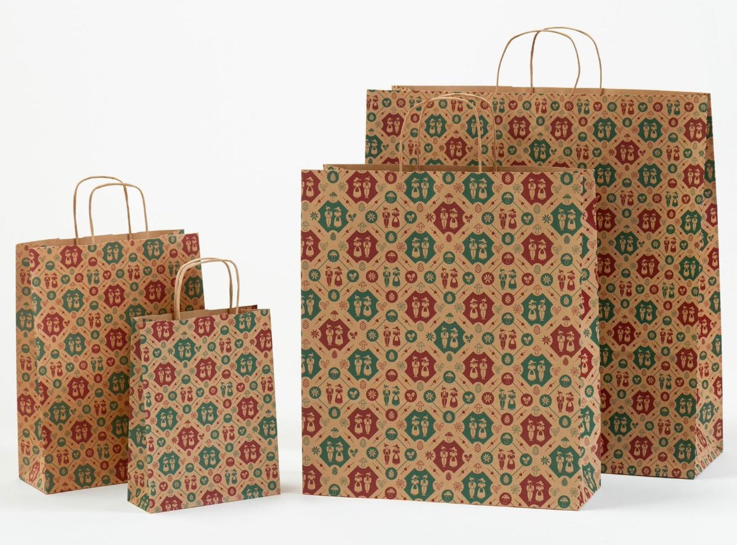 Papierkordeltaschen mit Trachtenmotiv in verschiedenen Größen in der Farbe Braun