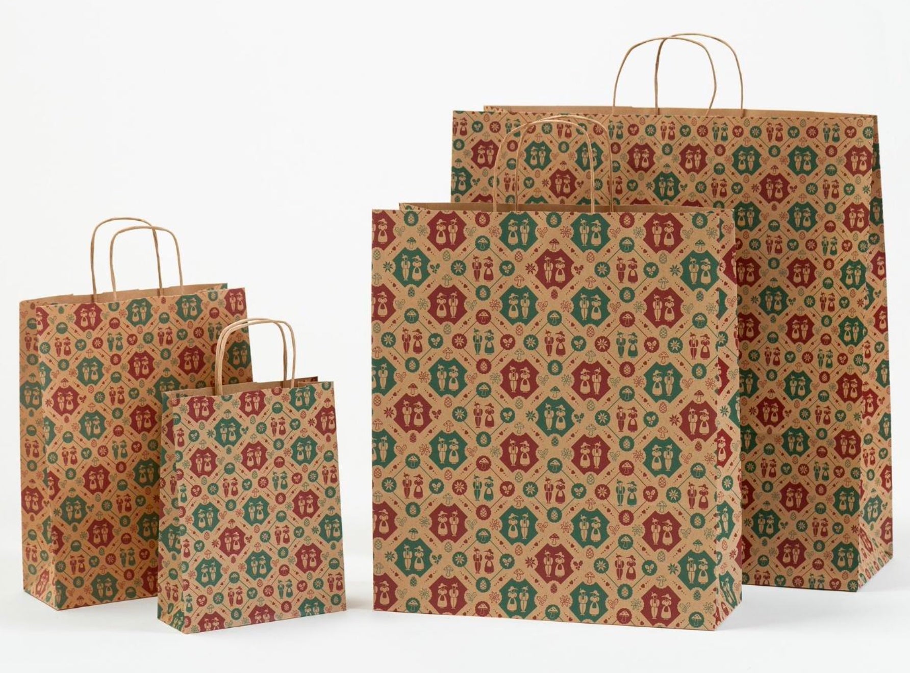Papierkordeltaschen mit Trachtenmotiv in verschiedenen Größen in der Farbe Braun