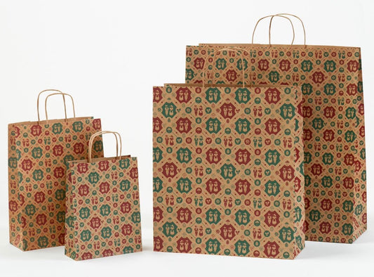 Papierkordeltaschen mit Trachtenmotiv in verschiedenen Größen in der Farbe Braun