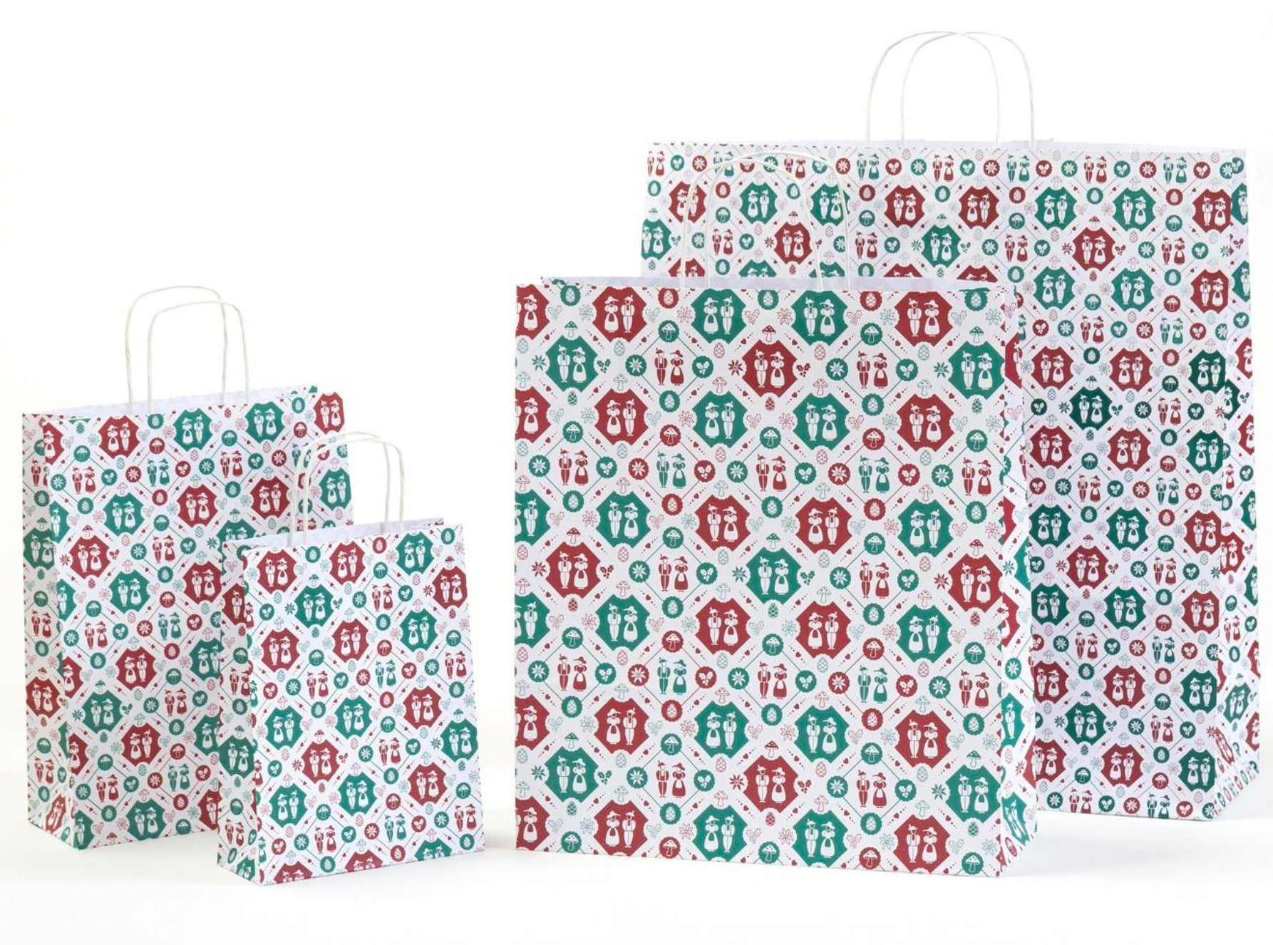 Papierkordeltaschen mit Trachtenmotiv in verschiedenen Größen in der Papiertütenfarbe Weiß