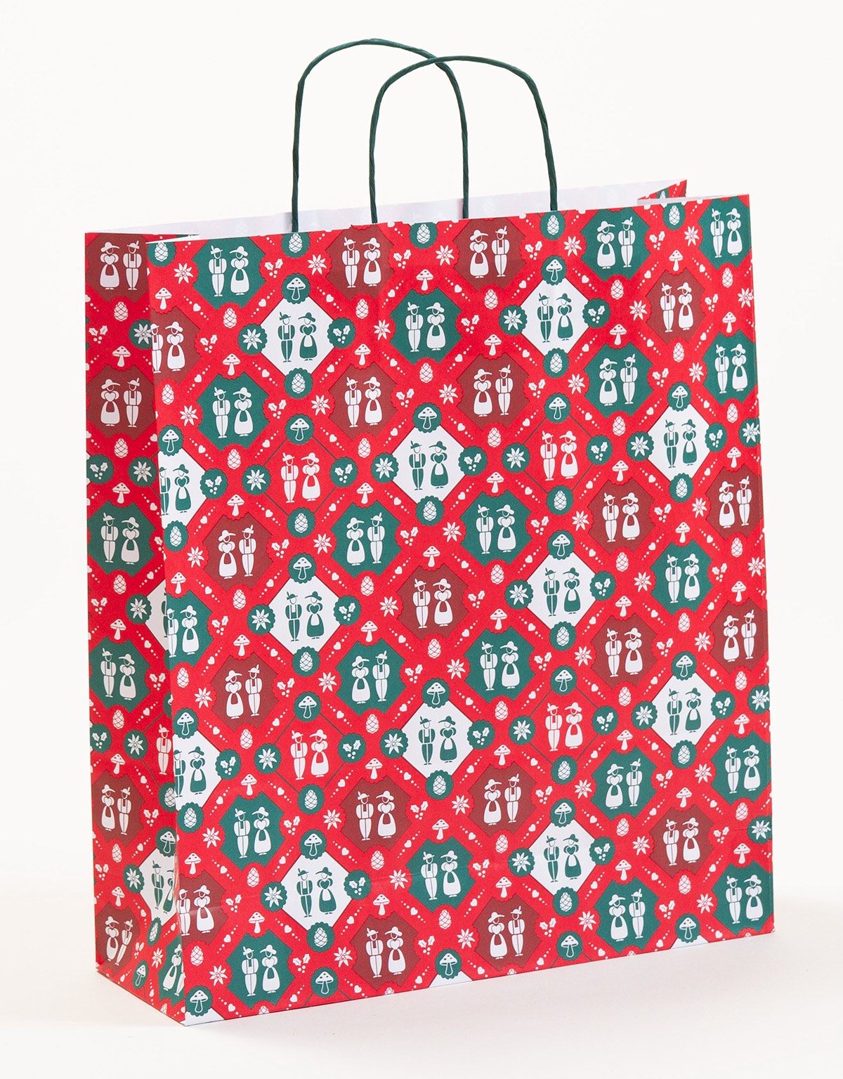 Rote Paper Bag mit gedrehten Papierkordeln in Grün  mit bayerischem Trachtenmotiv, ideal für Souvenir-Shops