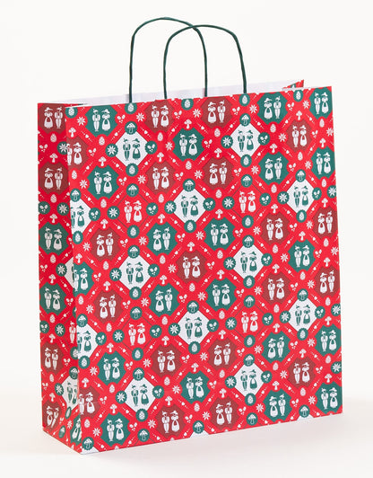 Rote Paper Bag mit gedrehten Papierkordeln in Grün  mit bayerischem Trachtenmotiv, ideal für Souvenir-Shops