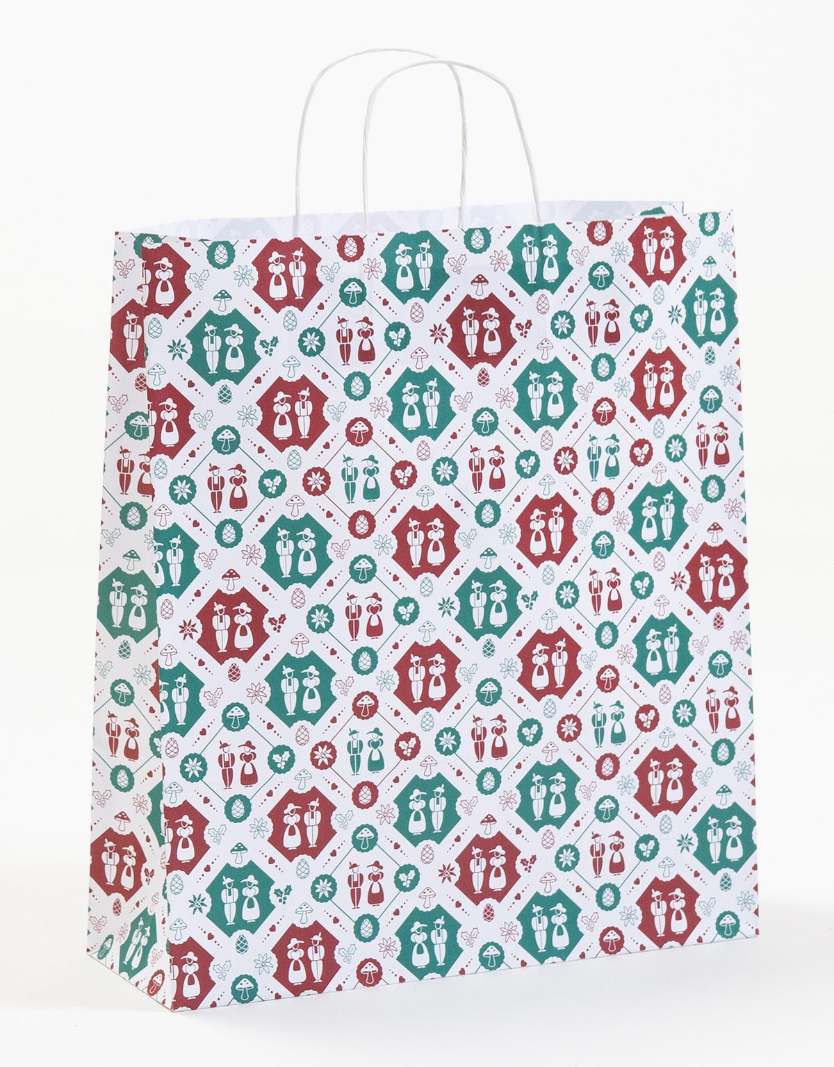 Paper Bag mit gedrehten Papierkordeln in der Farbe weiß mit bayerischem Trachtenmotiv, ideal für Souvenir-Shops