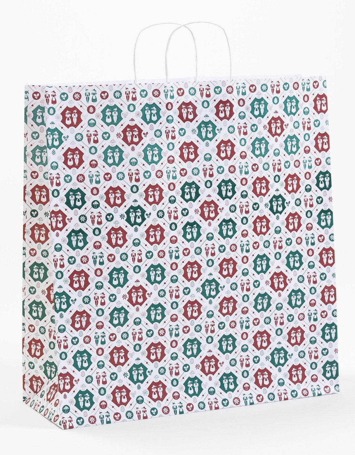 Papierkordeltasche Tracht aus weißem Papier mit bayerischem Motiv  Extra Large - da passt ein Dirndl oder eine Lederhose rein