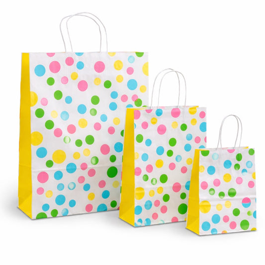Mit bunten Punkten bedruckte Papierkordeltaschen in weiß, stabil. Geschenktaschen, fröhliches Konfetti-Motiv, 3 Größenformate