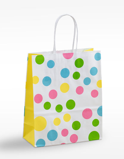 Mit bunten Punkten bedruckte Papierkordeltaschen in weiß, stabil. Geschenktaschen, fröhliches Konfetti-Motiv, Größenformat 18x8x22cm