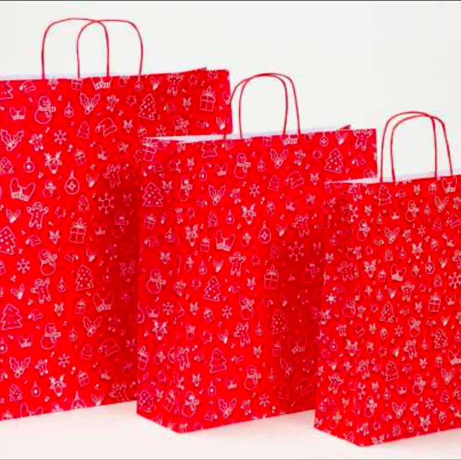 Weihnachtliche Papierkordeltaschen bedruckt mit X-Mas-Motiv in Rot