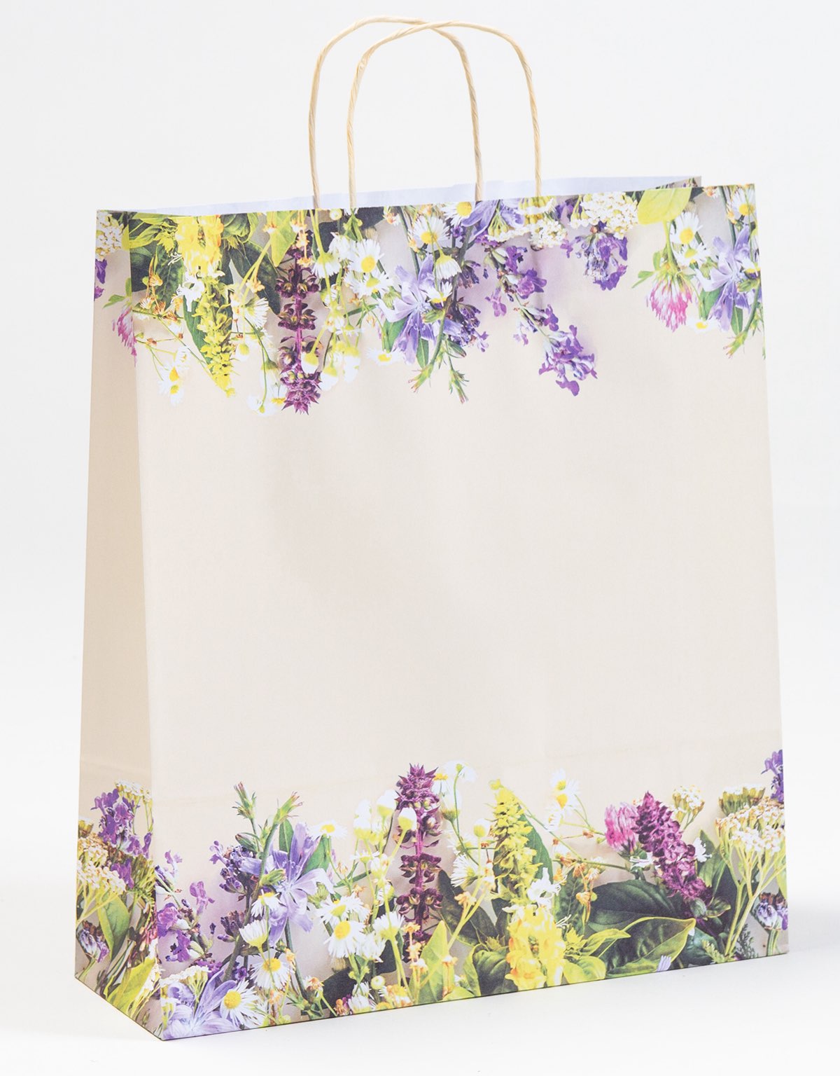 Große und stabile Papiertragetasche „Provence“ mit floralem Print in Beige, Freisteller