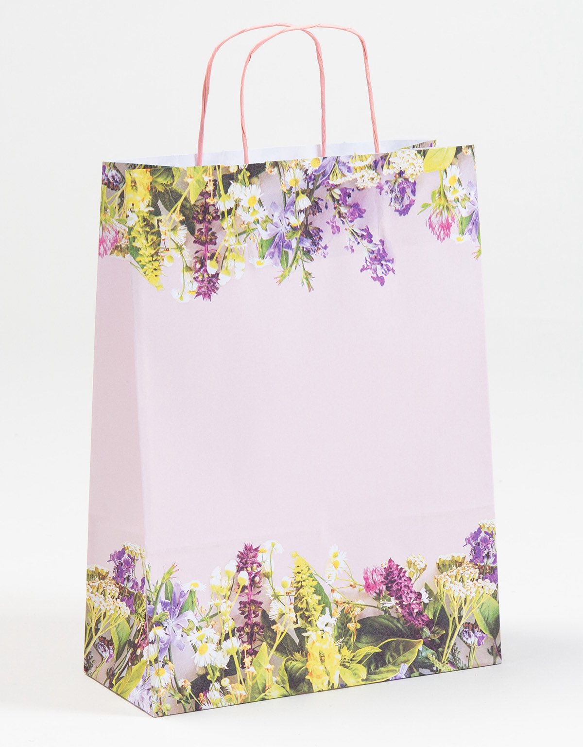 Papiertragetasche „Provence“ mit floralem Print in Rosé, Freisteller, stabile Ausführung 100–110 g/m², Papierkordeltasche für Geschenkverpackungen, E-Commerce und Shops