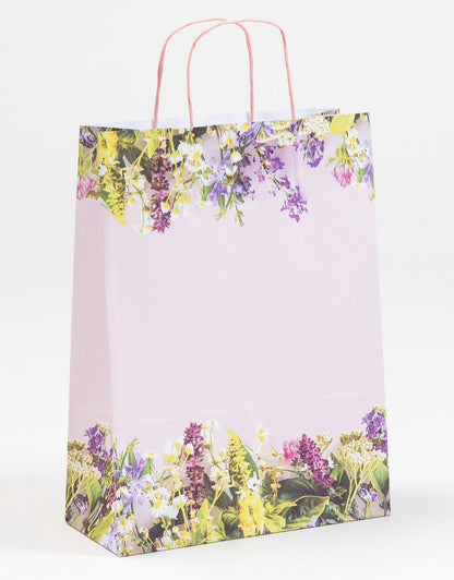 Papiertragetasche „Provence“ mit floralem Print in Rosé, Freisteller, stabile Ausführung 100–110 g/m², Papierkordeltasche für Geschenkverpackungen, E-Commerce und Shops