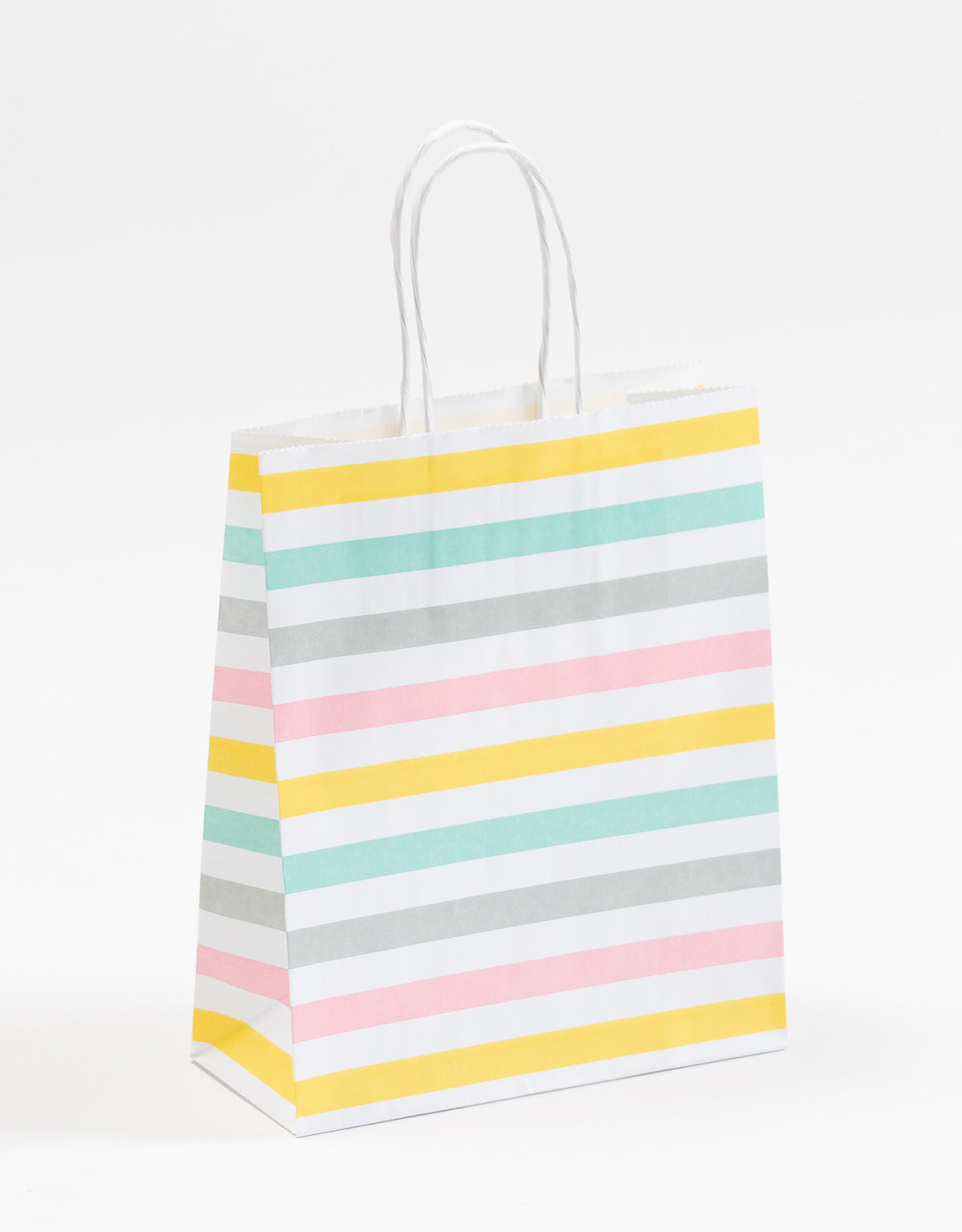 Mit bunten Streifen in Pastellfarbe bedruckte Papierkordeltaschen in weiß, stabile Geschenktaschen, fröhliches Motiv, Größenformat 18x8x22cm von Max Josef Steinebach GmbH
