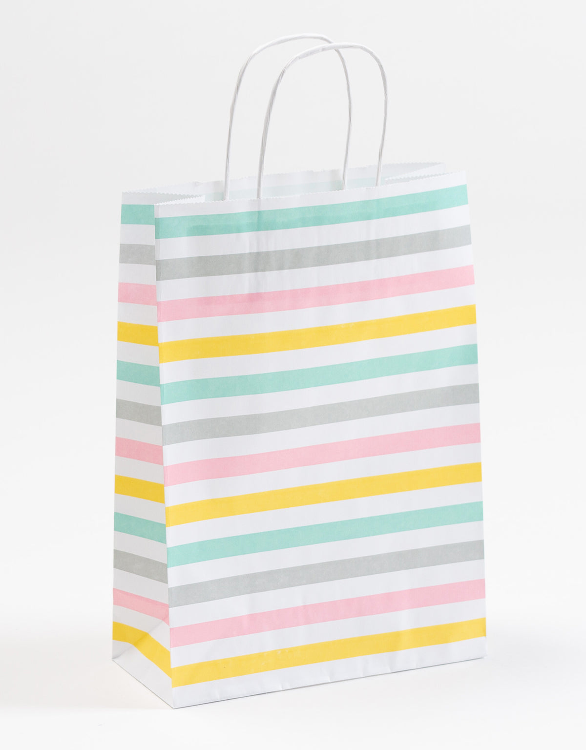 Fröhliche Geschenktasche mit All-Over-Print, Streifen, Papierkordeln, Größenformat der Papiertragetaschen  22x10x31cm
