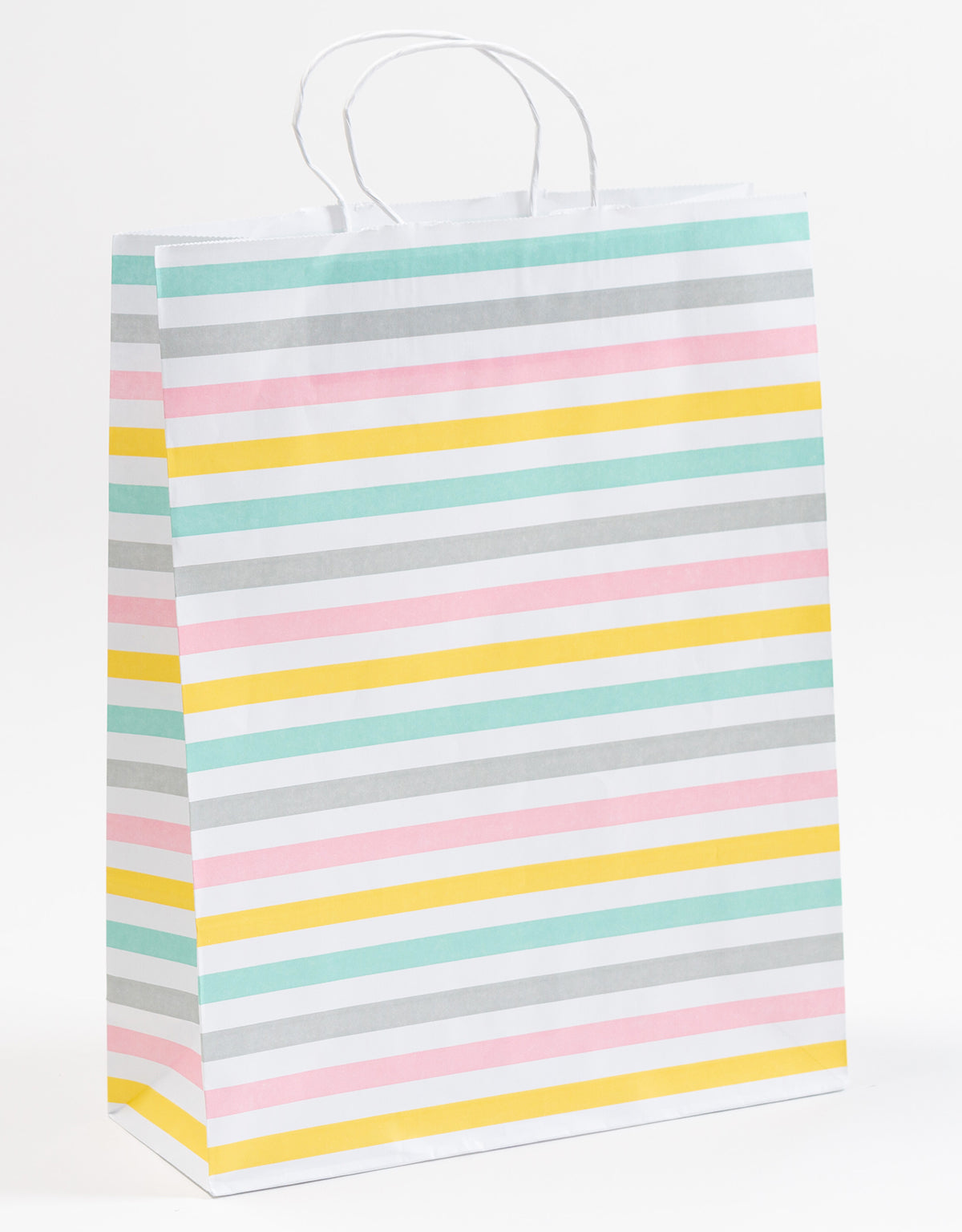 Stabile Papierkordeltaschen mit Streifen bedruckt auf Weiß, ideal als Geschenkverpackung, für Boutiquen, Concept Stores und Messen, Größenformat 32x12x41cm