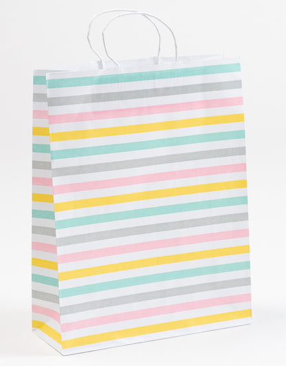 Stabile Papierkordeltaschen mit Streifen bedruckt auf Weiß, ideal als Geschenkverpackung, für Boutiquen, Concept Stores und Messen, Größenformat 32x12x41cm