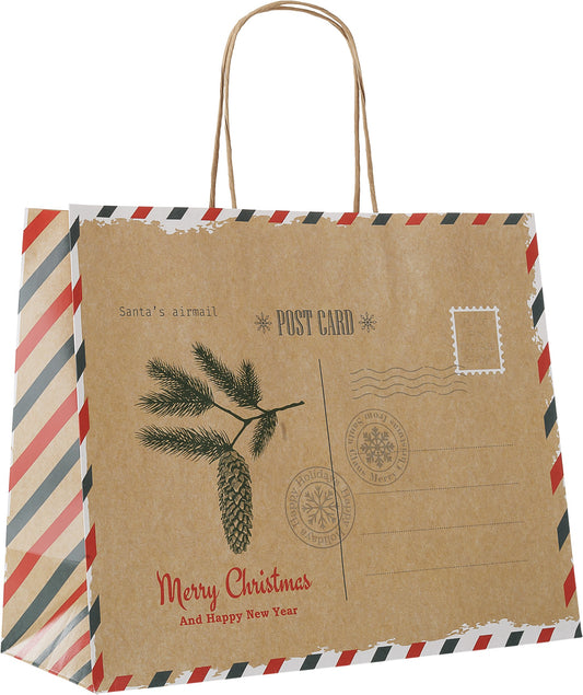 Papiertragetasche für Weihnachtsgeschenke mit Postkarten-Motiv und Grußkarte mit gedrehten Papierkorden  FSC®-zertifizierte Weihnachts-Papiertüten Farbe Braun, Natur Größenformat der Papiertüte 31 x 25 x 12 cm