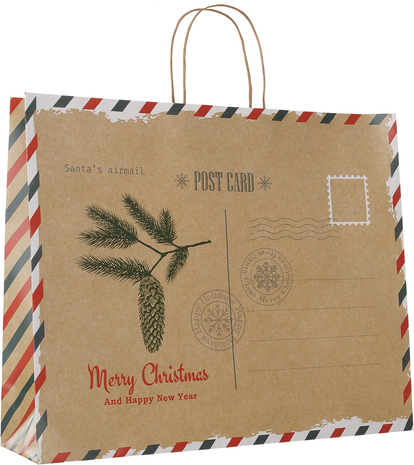 Papiertragetasche für Weihnachtsgeschenke mit Postkarten-Motiv und Grußkarte mit gedrehten Papierkorden  FSC®-zertifizierte Weihnachts-Papiertüten Farbe Braun, Natur Größenformat der Papiertüte 42 x 12 x 35 cm