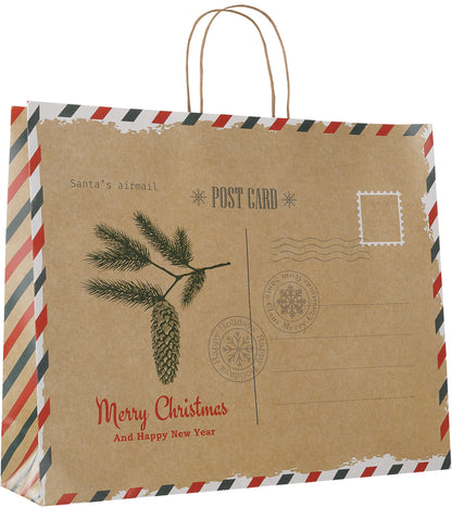 Papiertragetasche für Weihnachtsgeschenke mit Postkarten-Motiv und Grußkarte mit gedrehten Papierkorden  FSC®-zertifizierte Weihnachts-Papiertüten Farbe Braun, Natur Größenformat der Papiertüte 42 x 12 x 35 cm