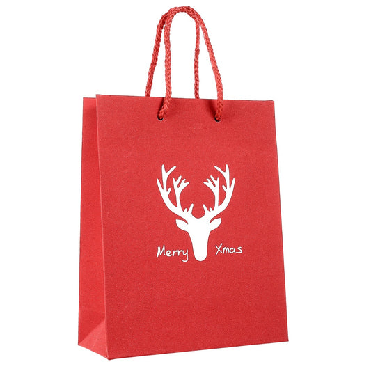 Stabile Papiertragetasche mit Glitzereffekt  in der Farbe Rot und mit weihnachtlichem Motiv und  Merry Christmas Schriftzug für die edle Verpackung von Geschenken 