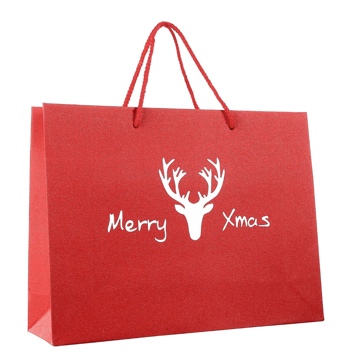 Große Weihnachtsgeschenktasche aus Papier mit Glitzer und Merry Christmas Schriftzug in der Farbe Rot stabil preiswet Max Josef Steinebach GmbH schnelle Lieferung vertrauenswürdig Papiertüten mit dem gewissen Extra