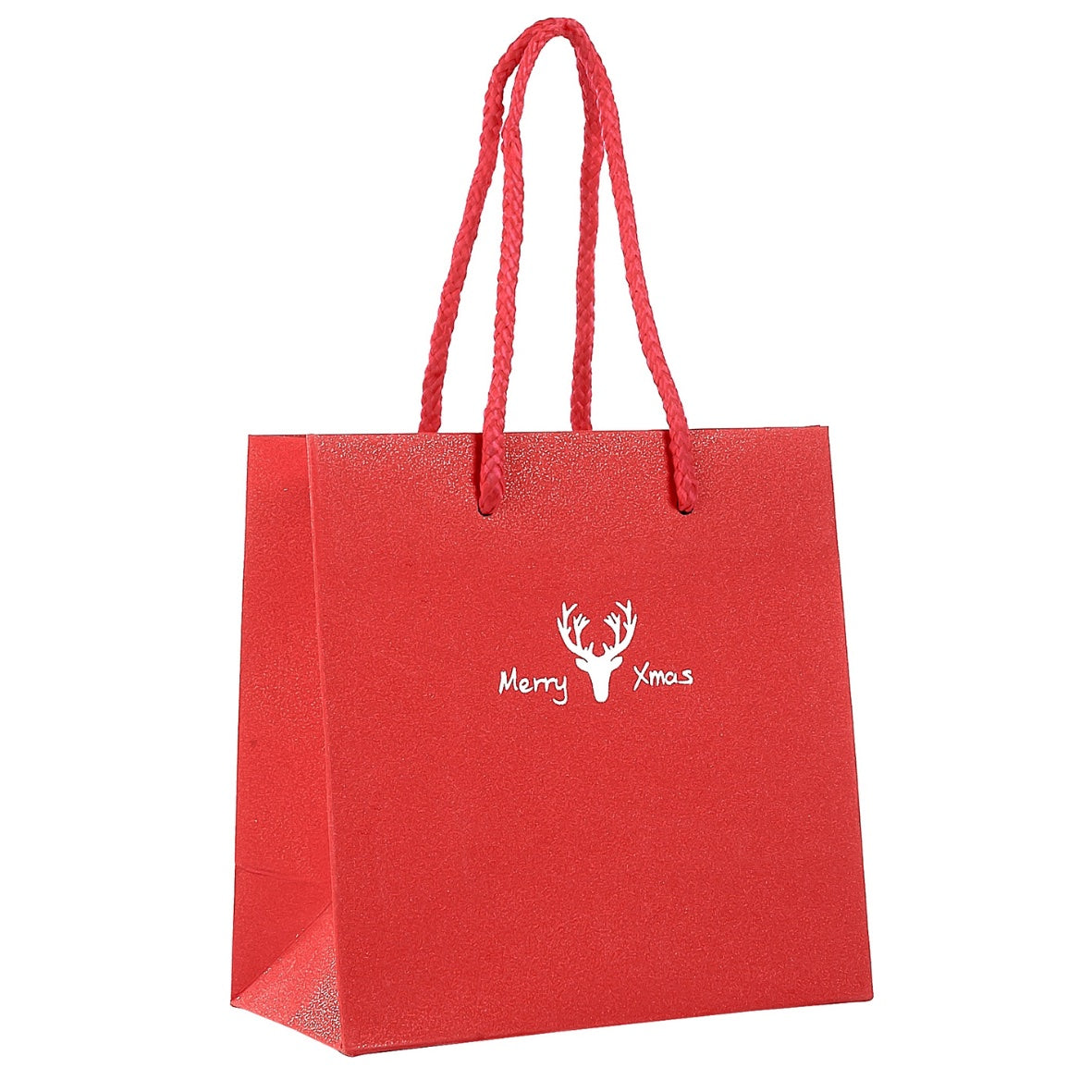 Weihnachtliche Papiertragetasche mit Glitzereffekt  in der Farbe Rot und mit weihnachtlichem Motiv und Merry Christmas Schriftzug für die stilvolle  Verpackung von Geschenken  Perfekt fr den Einzelhandel preiswert schnelle Lieferung unterschiedliche Größenformate
