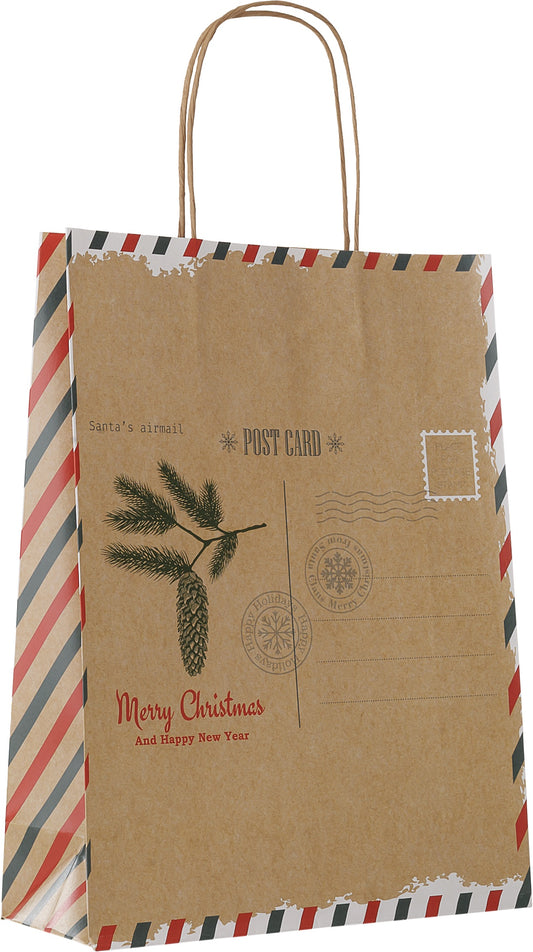 Papiertragetasche für Weihnachtsgeschenke mit Postkarten-Motiv und Grußkarte mit gedrehten Papierkorden  FSC®-zertifizierte Weihnachts-Papiertüten Farbe Braun, Natur Größenformat der Papiertüte 24 x 32 x 9 cm