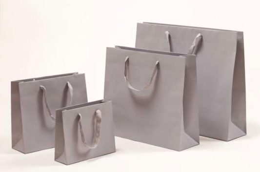 Premium Papiertragetasche mit Stoffbändern in Grau