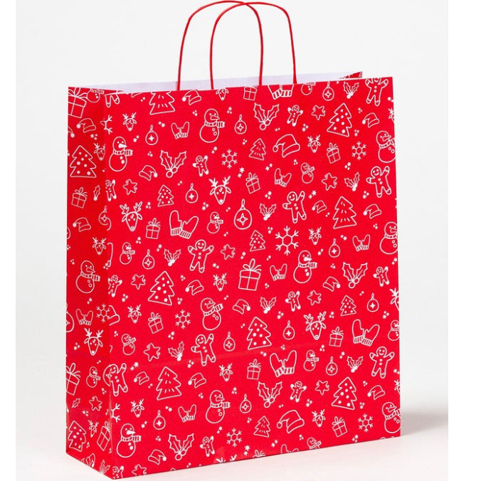 Weihnachtliche Papierkordeltaschen bedruckt mit X-Mas-Motiv in Rot