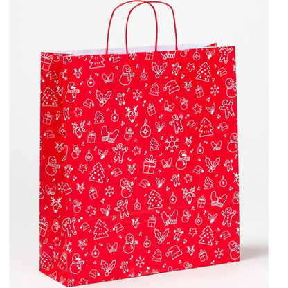 Weihnachtliche Papierkordeltaschen bedruckt mit X-Mas-Motiv in Rot