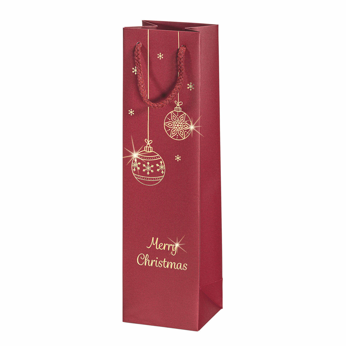 Dunkelrote Flaschentragetasche 1er für Weihnachtsgeschenke und Advent aus Kraftpapier mit goldener Heißluftprägung von Weihnachtskugeln und Merry Christmas und Baumwollkordeln aus Kraftpapier 