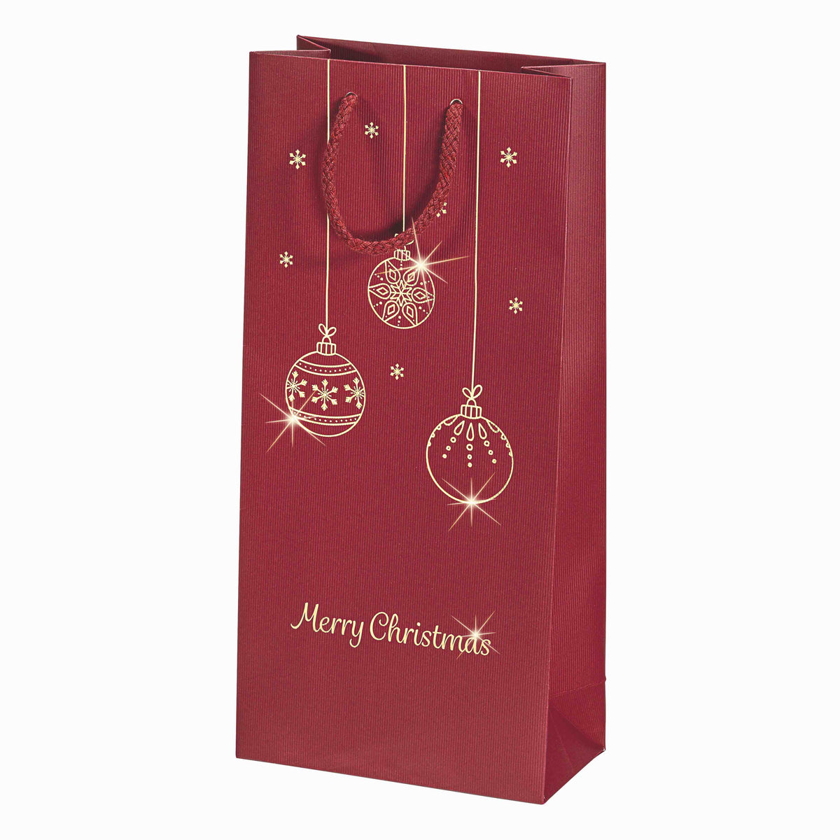 Dunkelrote Flaschentragetasche 2er für Weihnachtsgeschenke und Advent aus Kraftpapier mit goldener Heißluftprägung von Weihnachtskugeln und Merry Christmas und Baumwollkordeln aus Kraftpapier 