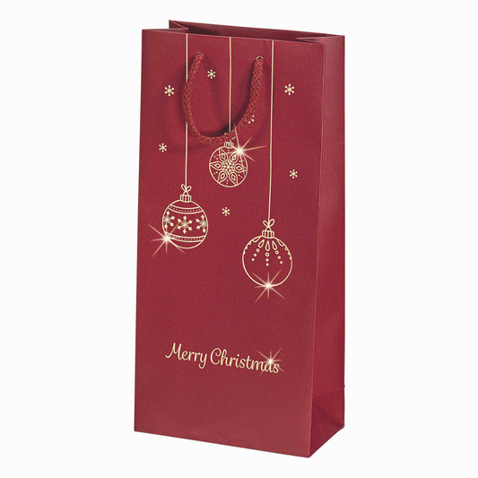 Dunkelrote Flaschentragetasche 2er für Weihnachtsgeschenke und Advent aus Kraftpapier mit goldener Heißluftprägung von Weihnachtskugeln und Merry Christmas und Baumwollkordeln aus Kraftpapier 