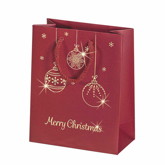 Dunkelrote Papiertragetasche für Weihnachtsgeschenke und Advent aus Kraftpapier mit goldener Heißluftprägung von Weihnachtskugeln und Merry Christmas und Baumwollkordeln aus Kraftpapier 