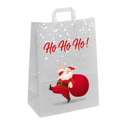 Geschenktasche mit Papierflachhenkeln mit Nikolaus-Motivdruck und dem Schriftzug Ho Ho Ho! im Größenformat 22x10x28 cm