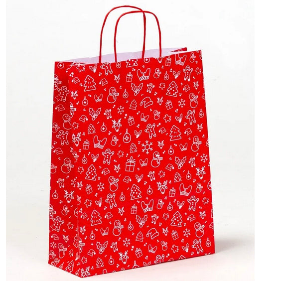 Weihnachtliche Papierkordeltaschen bedruckt mit X-Mas-Motiv in Rot