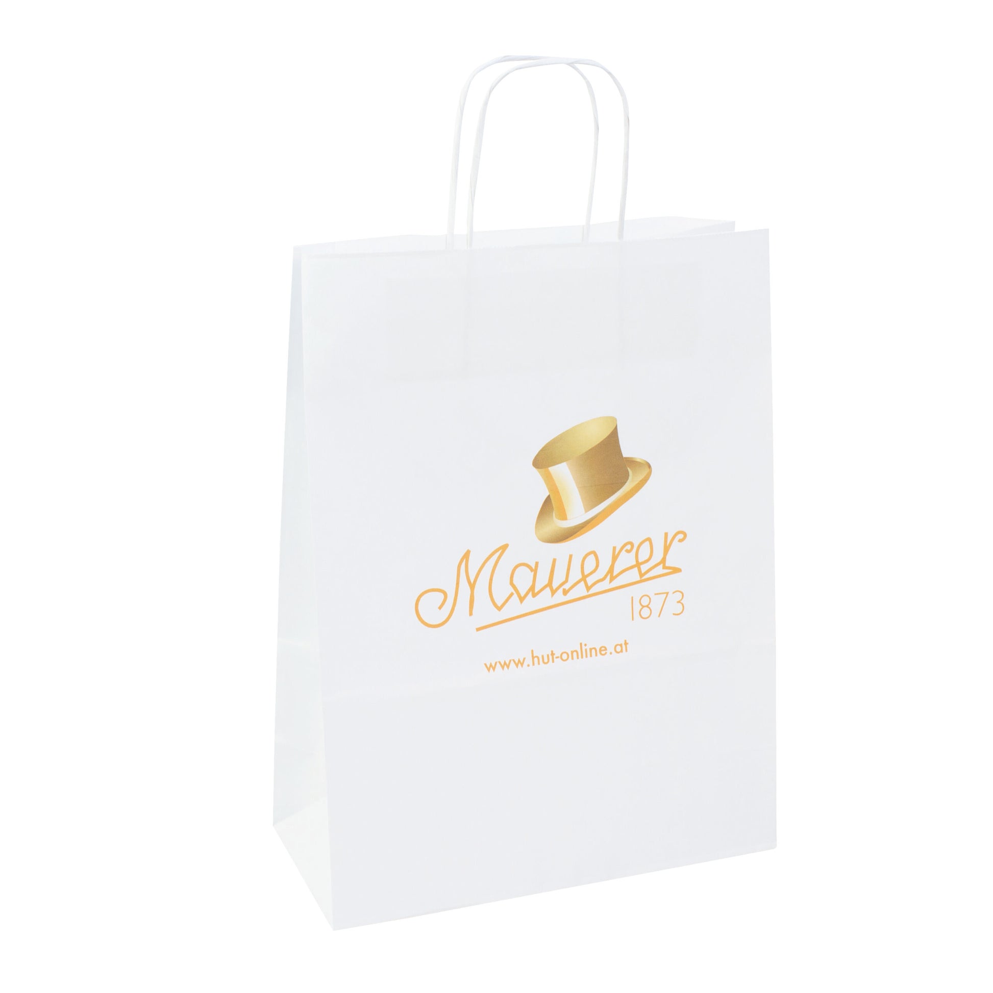 Weiße Papierkordeltaschen mit  Werbemotiv auf der Vorderseite der Tragetasche aus Papier mit Digitaldruck bedruckbar in 3 Größenformaten-hier im Taschenformat 22x10x31-cm
